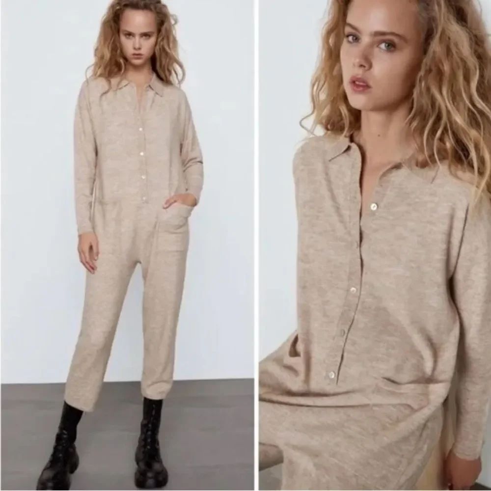 ZARA Alpaca Blend Beige Tan Front Pockets Special Edition Cropped Jumpsuit XL